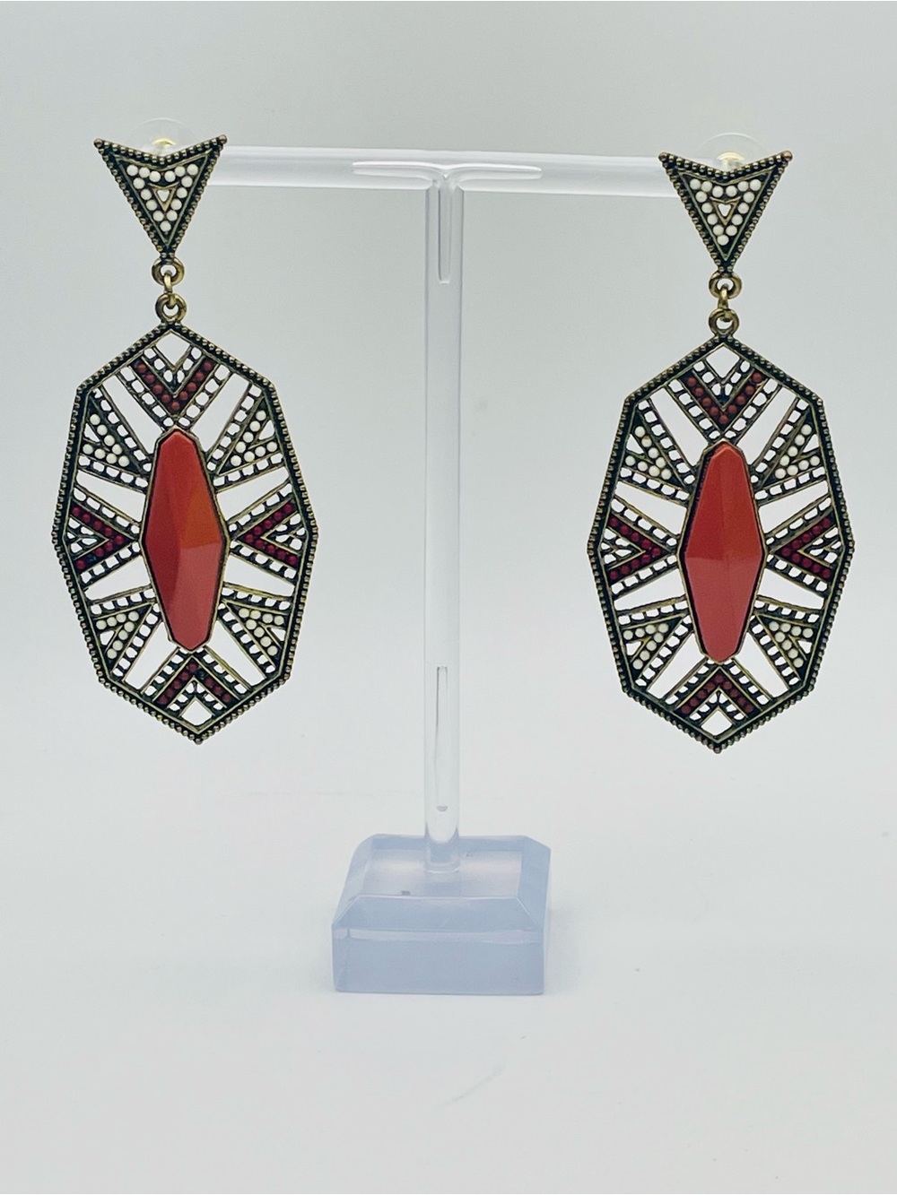 Red Geometric Drop Earrings w/Orange Center, Intricate Pattern Vintage-Inspired
